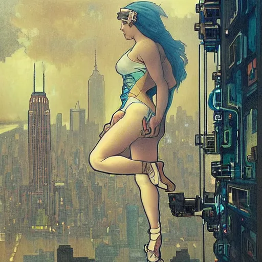 Image similar to “ a girl standing on a ledge looking down at a futuristic new york city below, cyberpunk, ghostpunk, storm clouds, very detailed, by alphonse mucha ”