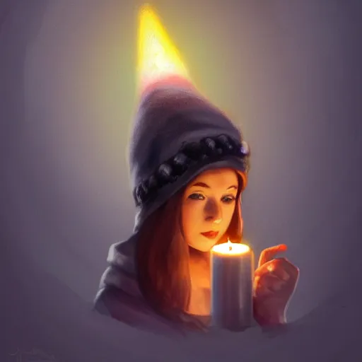 Prompt: an adventurer wearing a black night cap with a pom pom at the end, holding a candle, portrait, d & d, science fiction, concept art, matte, sharp focus, illustration, concept art, jason chan