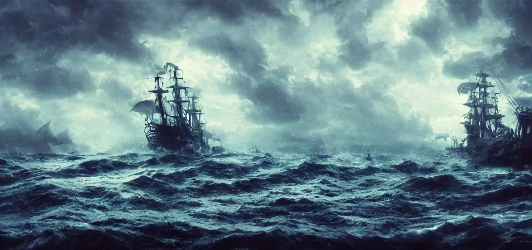 Prompt: wild ocean, ship gets pulled down by giant kraken, rainy night, dramatic lighting, cinematic, establishing shot, extremly high detail, foto realistic, pirates of the carribean, cinematic lighting, post processed, concept art, artstation, matte painting, style by studio ghibli, mysazaki