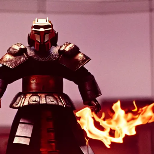 Image similar to cinematic film still MF Doom starring as a Samurai holding fire, Japanese CGI, VFX, 2003, 40mm lens, shallow depth of field,film photography