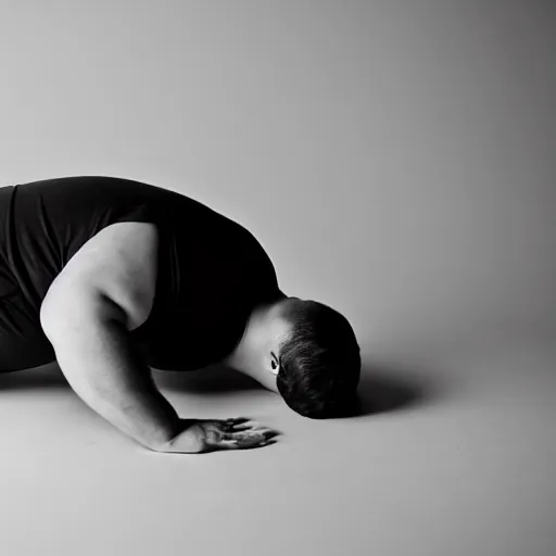 Prompt: a professional black and white studio photo of a large plump man failing to do a simple exercise lying flat on the ground crying he can't do it failure grainy sad tears depressing overhead view