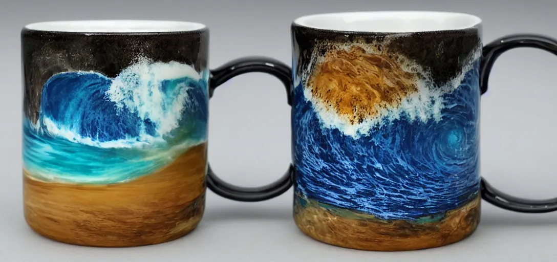 Prompt: A mug with a tsunami inside