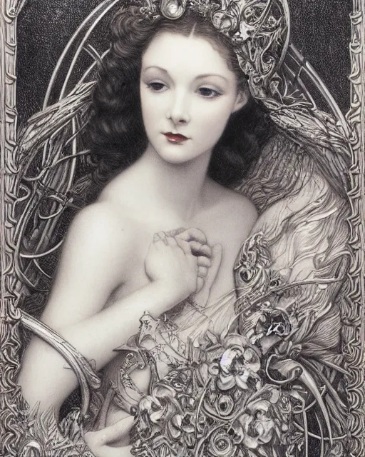 Image similar to in the style of beautiful vivien leigh, steampunk, detailed and intricate by jean delville, gustave dore and marco mazzoni, art nouveau, symbolist, visionary, gothic, pre - raphaelite