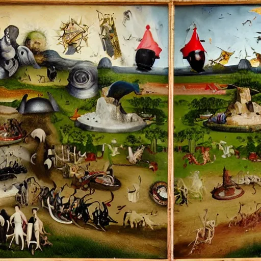 Prompt: all terrain vehicle race, in the style of the garden of earthly delights painting by jerome bosch