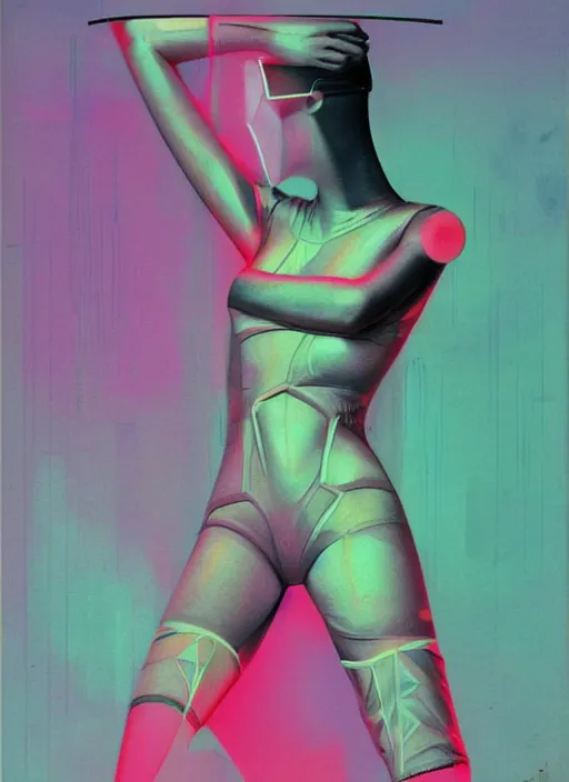 Image similar to futuristic fine lasers tracing, data visualization, cyberpunk bodysuit, tesseract, laserpunk, blindfold pyramid visor, rain, wet, oiled, sweat, girl pinup, by steven meisel, kaws, james jean and rolf armstrong, geometric cubist perfect geometry abstract acrylic and hyperrealism photorealistic airbrush collage painting with monochrome and neon fluorescent colors, eighties eros