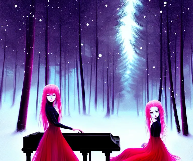 Image similar to a painting of a beautiful face gothic girl, pink hair in a stunning red dress playing a piano in the dark snowy forestby yoshitaka amano and alena aenami, cg society contest winner, retrofuturism, matte painting