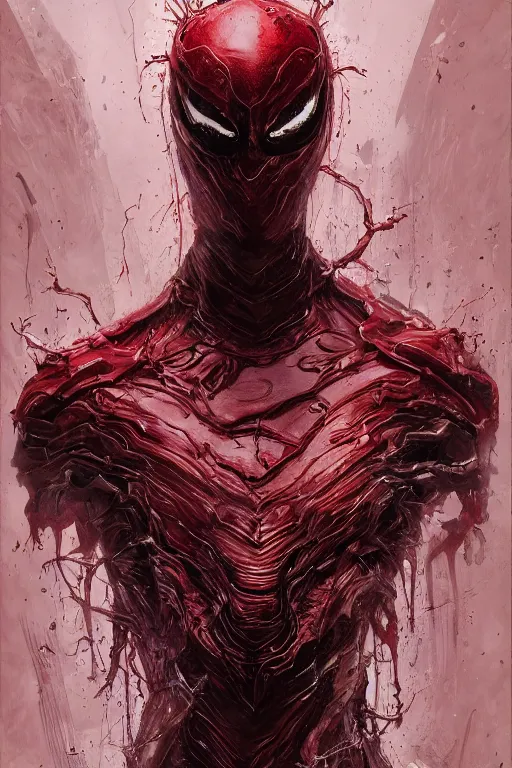 Prompt: Portrait of Steve Buscemi as symbiote Carnage, red, marvel comics, dark, intricate, highly detailed, smooth, artstation, digital illustration by Ruan Jia and Mandy Jurgens and Artgerm and Wayne Barlowe and Greg Rutkowski and Zdislav Beksinski