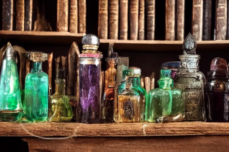 Image similar to five separate glowing potions on a wooden shelf, magical potions, fantasy history, 1 2 century photograph captured in an office