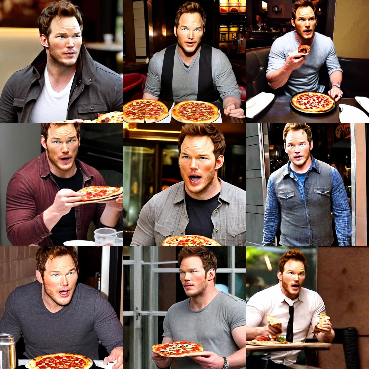 Prompt: a paparazzi photo of Chris Pratt, he is eating bad pizza in an upscale restaurant and he is angry about it.