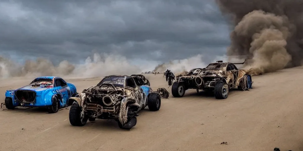 Image similar to the most craziest extreme mad max style car race in history, along a beach in cornwall, really extreme cyberpunk brutal racing machines, gritty, crash, custom fighting speed machines, spectators, smoke, dust, waves, cloudy blue sky