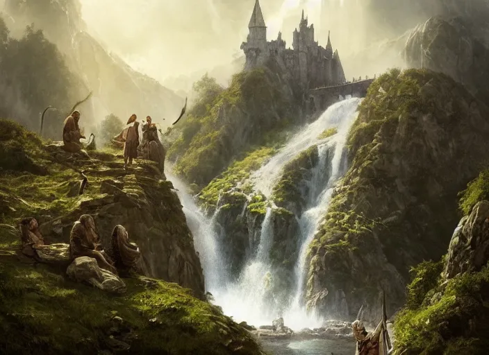 Image similar to medieval adventurers in the shire scenery landscape, lord of the rings, enormous waterfall ruins, rule of thirds, highly detailed, perfect lighting, perfect composition, 4 k, artgerm, derek zabrocki, greg rutkowski