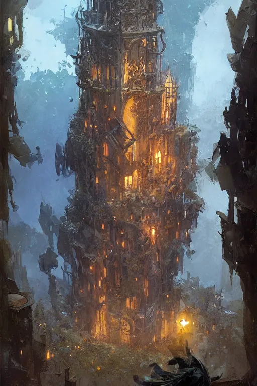 Prompt: a highly detailed magical wizard's tower, elegant, intricate, digital painting by craig mullins, andrea rocha, hubert robert, syd mead.