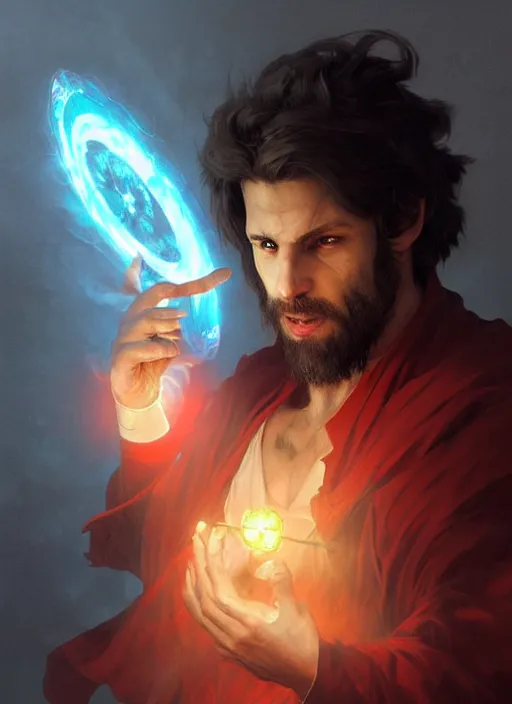 Prompt: character concept portrait of an attractive young angry Spanish wizard with red skin conjuring a portal spell, a floating iridescent spell book in the center, intricate, elegant, digital painting, concept art, smooth, sharp focus, illustration, from Metal Gear, by Ruan Jia and Mandy Jurgens and William-Adolphe Bouguereau, Artgerm