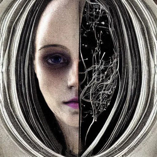 Prompt: portrait of human face inside is out of the skin, art nouveau, cyberpunk, grainy image