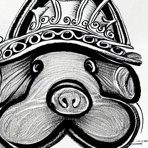 Prompt: detailed line art doodle sketches of a pig wearing a gold crown by Dr. Seuss