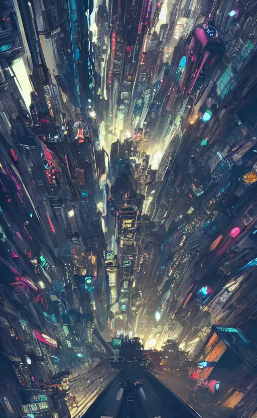 Prompt: a beautiful artwork illustration, cyberpunk city drone shot top view, high contrast, high contrast, high contrast, vibrant colors, vivid colors, high saturation, by Greg Rutkowski and Jesper Ejsing and Raymond Swanland, featured on artstation, wide angle, vertical orientation