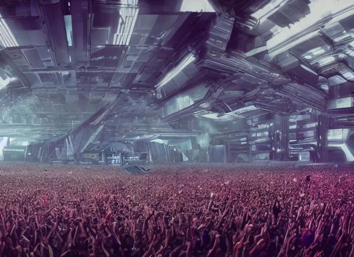 Image similar to ultra realistic, mainstage of harder styles music festival in 2 0 5 0, futuristic, brutalism, octane render, sharp focus cinematic lighting, dramatic perspective, highly detailed, 4 k, 8 k