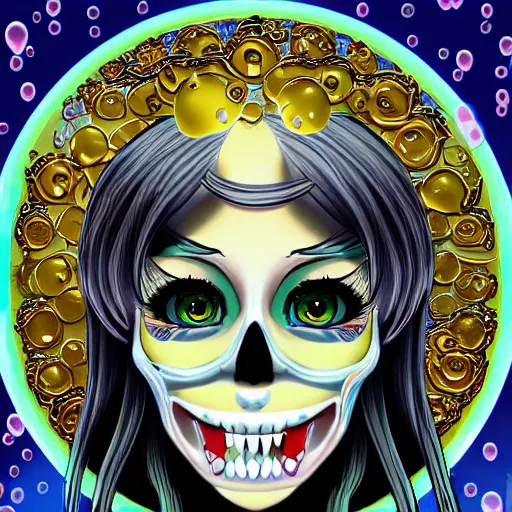 Prompt: portrait of a anime angel happy smiley girl skull face with emoji’s and bubbles detailed highres 4k by Trevor Brown pop art nouveau