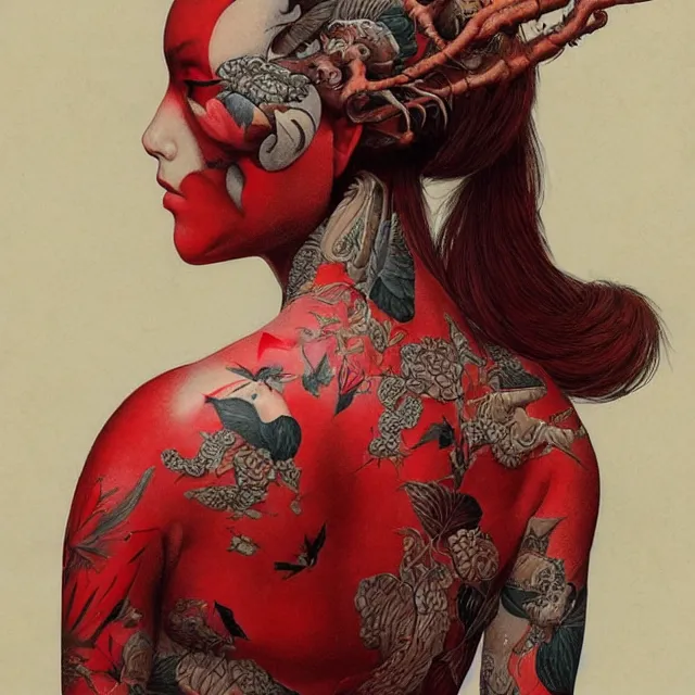 Image similar to ultra realistic illustration, beautiful woman dressed in red kimono, backview, tattoos, in the style of gerald brom by weta digital and beth cavener, high face symmetry, intricate, masterpiece, award winning, high face symmetry, intricate