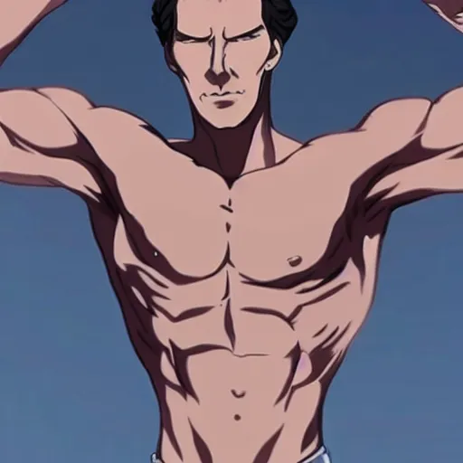 Prompt: Still of Benedict Cumberbatch with a very muscular body type, anime art, anime style