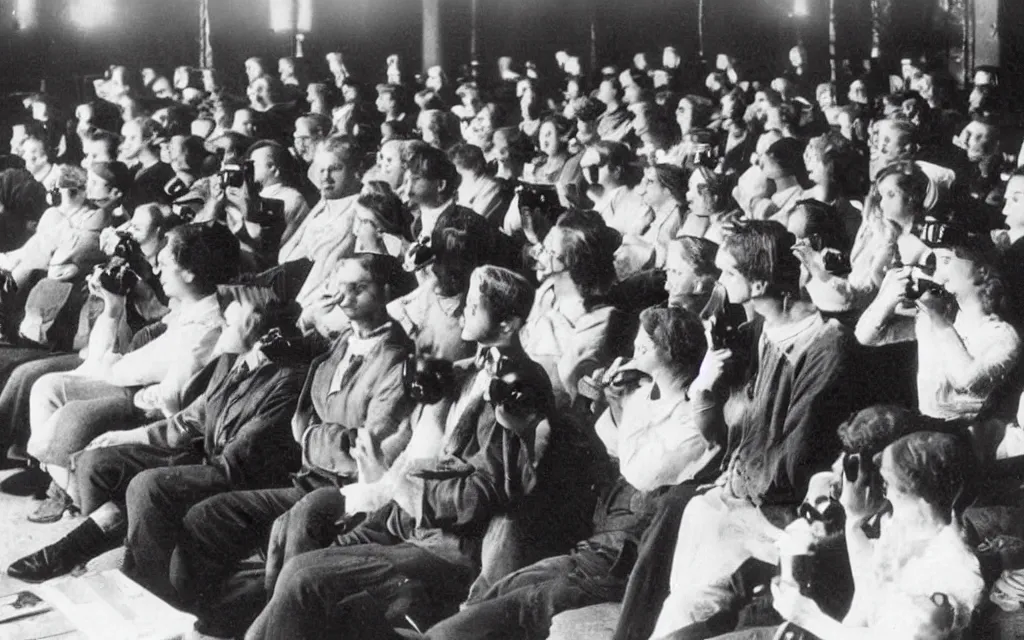 Image similar to 1 9 0 0 s photo of people using iphones ipods virtual reality headsets vr watching hd tv in a movie theater