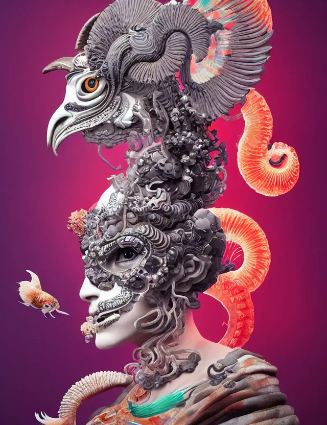 Image similar to 3 d goddess half - turn portrait with ram skull. beautiful intricately detailed japanese crow kitsune mask and clasical japanese kimono. betta fish, jellyfish phoenix, bio luminescent, plasma, ice, water, wind, creature, artwork by tooth wu and wlop and beeple and greg rutkowski