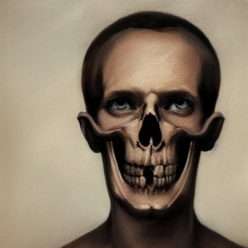 Image similar to portrait painting of a sad man with a skull as his face, 4k,