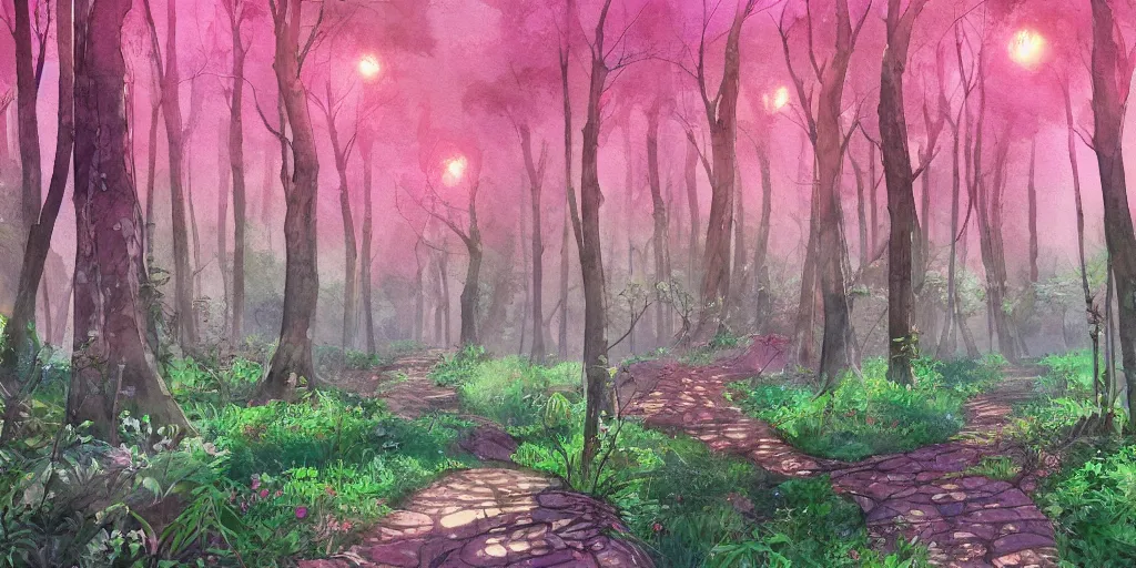 Image similar to path through a wide forest, modern contemporary, lanterns. watercolor art, expansive cinematic view, volumetric shading, intricate and detailed, highly saturated colors. breath of the wild style, by hayao miyazaki ghibli!!!. pastel!! pink!! accents. trending on artstation. award winning