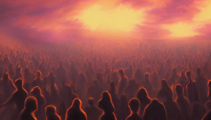 Image similar to painting of a crowd with extended arms towards glowing sky, volumetric lighting, nasty, hyperdetailed, realistic