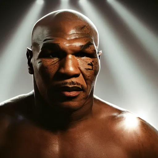 Image similar to a still of mike tyson, cinematic, 4 k, god rays through fog