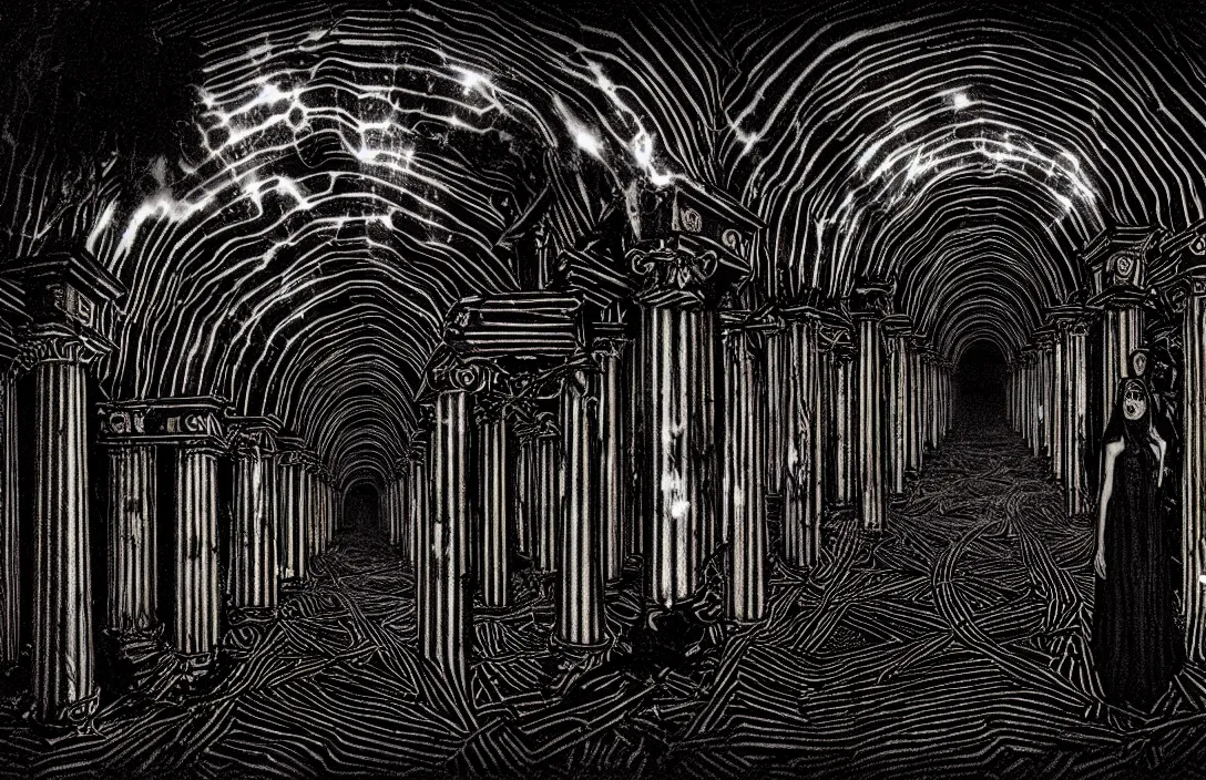 Prompt: pattern is based on classical sarcophagi excommunication spooky mineshaft intact flawless ambrotype from 4 k criterion collection remastered cinematography gory horror film, ominous lighting, evil theme wow photo realistic postprocessing the entire universe is female pillars of light painting by victor vasnetsov