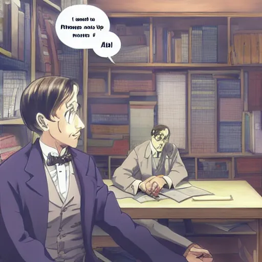 Prompt: inside the workshop with alan turing cracking the enigma with the help of albert einstein, anime, manga style,