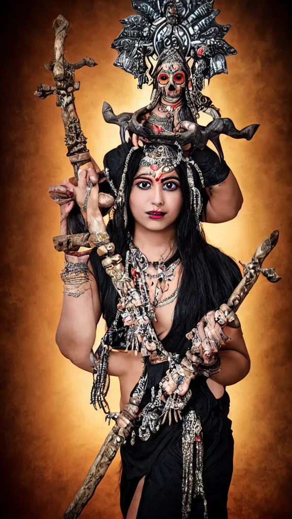 Image similar to hindu goddess of death, holding a skull on one hand and trident on another, posing for playboy photoshoot, studio lighting, cosplay