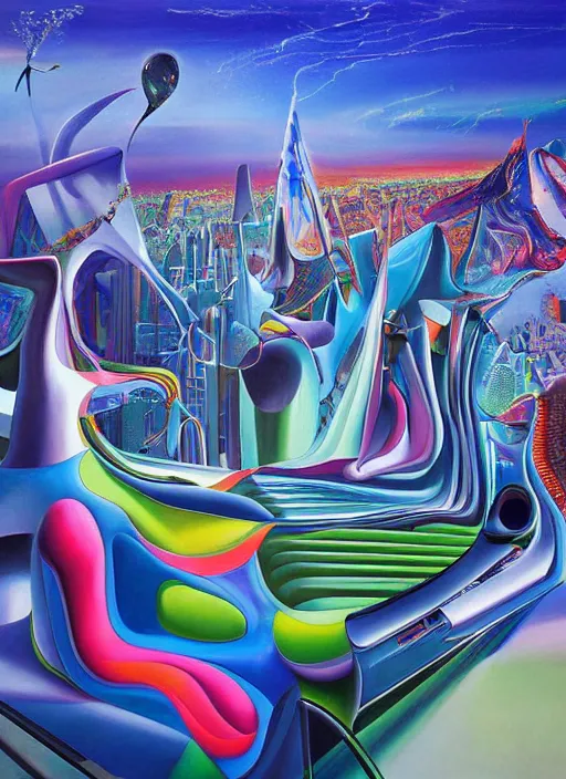 Image similar to an extremely high quality hd surrealism painting of a 3d galactic neon complimentary-colored cartoon surrealism melting optically illusiony high-contrast zaha hadid futuristic cityscape entrance by kandsky and salvia dali the second, salvador dali's much much much much more talented painter cousin, clear shapes, 8k, realistic shading, ultra realistic, super realistic