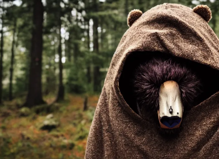 Prompt: character and environment photography, portrait mystical infested anthropomorphic 2 0 - year - old male druid, bear nose, tattered spiderweb hood and robe, reflective eyes, infested bear standing, medium shot, wide angle, 2 0 0 px, low key