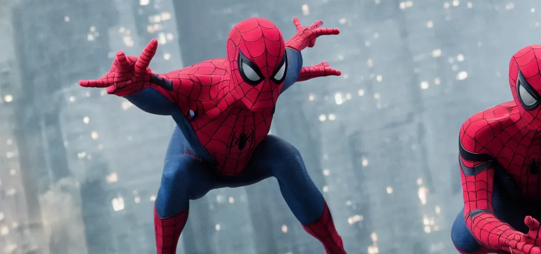 Image similar to Tom Hanks as Spider-Man, film still, wide-shot, full shot, cinematic lens, heroic portrait