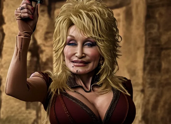 Image similar to film still of!!!! dolly parton!!! as lara croft in new tomb raider movie, 8 k