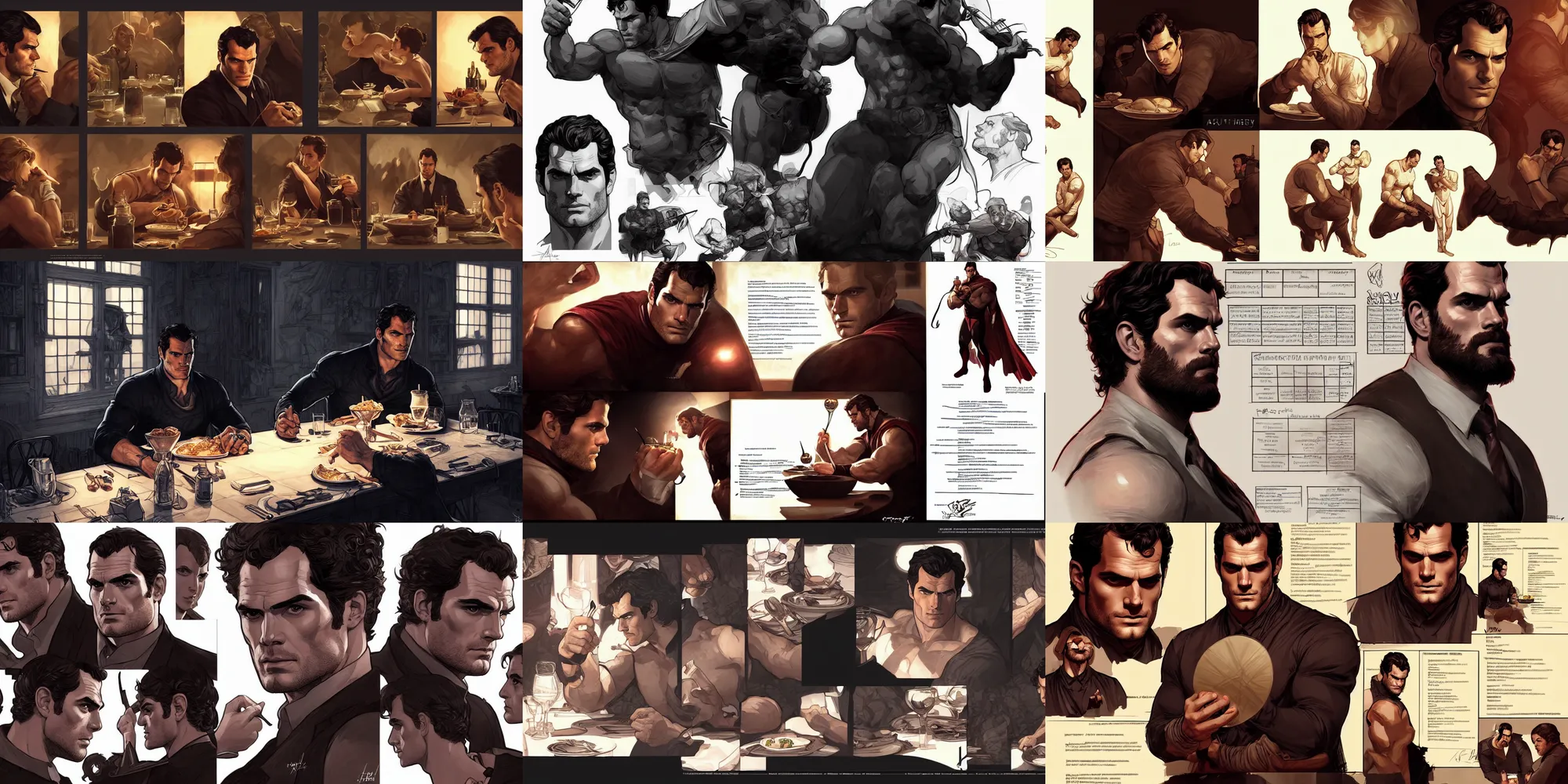 Prompt: henry cavill eating dinner, character sheet, character design, contrast, deep focus, turnaround, highly detailed, dramatic lighting, digital painting, artstation, concept art, matte, sharp focus, illustration, elegant, art by artgerm and greg f and alphonse mucha.