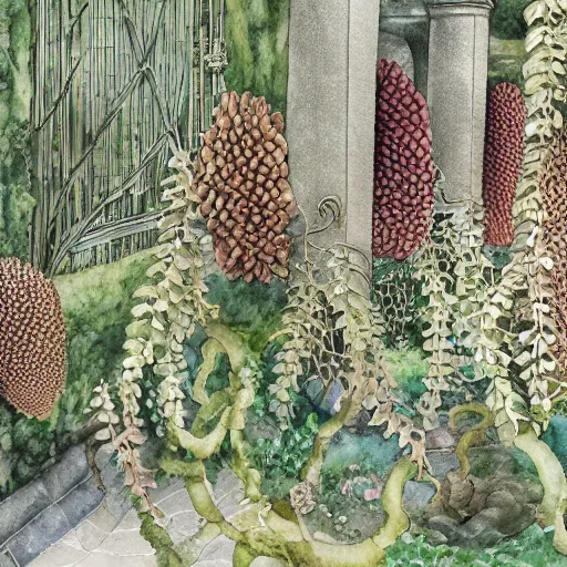 Prompt: delicate garden on paper, spirals stony, floating robes, puffy, vines, botanical herbarium, botanic watercolors, coastline, iridescent, 8 k wide angle, realistic shaded, fine details, artstation, italian, rainbow, colonnade, oak, pinecone, pomegranade, vines, gardena architecture, pompeian, sicilian, boundary walls