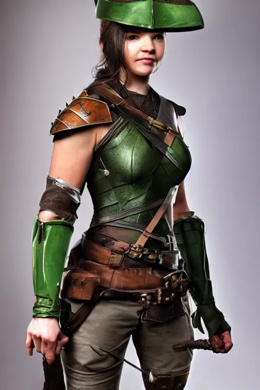 Prompt: fantasy character photo. female ranger. danielle campbell. facial expression of manic obsessive love. tall, lanky, athletic, wiry. brown & dark forestgreen leather armor. crooked little feathered hat, lightgreen, worn at jaunty angle. black hair in ponytail. bright blue eyes. consulting in secret with an unseen, shadowy informant