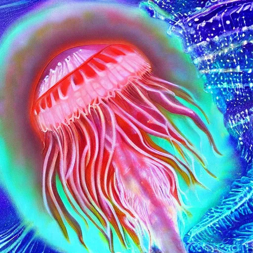 Image similar to furry jellyfish creature in magical realism luminescent airbrush underwater mystical world detailed painting 4 k