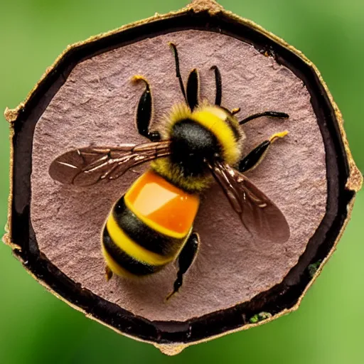 Prompt: a bee seen through a 7 0 mm macro lens, trapped in a square amber stone