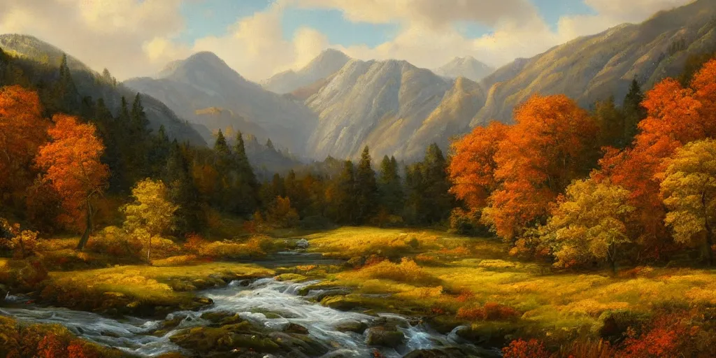 Prompt: a beautiful landscape painting of a mountainous valley with patches of woodland, autumn bare trees, by antony bridge, oil on canvas, highly detailed, hd, 4 k