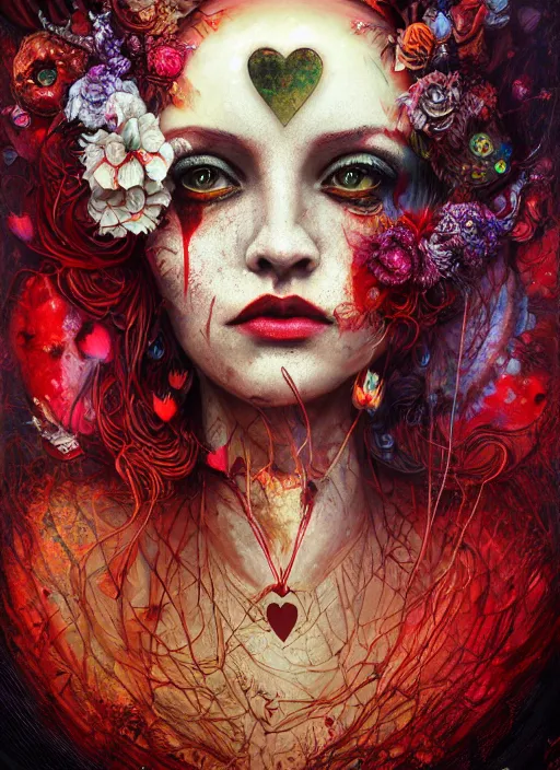 Image similar to queen of hearts, solarpunk style, highly detailed, cinematic, 8 k, by megan duncanson, benjamin lacombe, adrian borda, stanley artgermm, tom bagshaw, craig mullins, carne griffiths, ayami kojima, beksinski, giger, trending on deviantart, hyper detailed, horror, full of colour