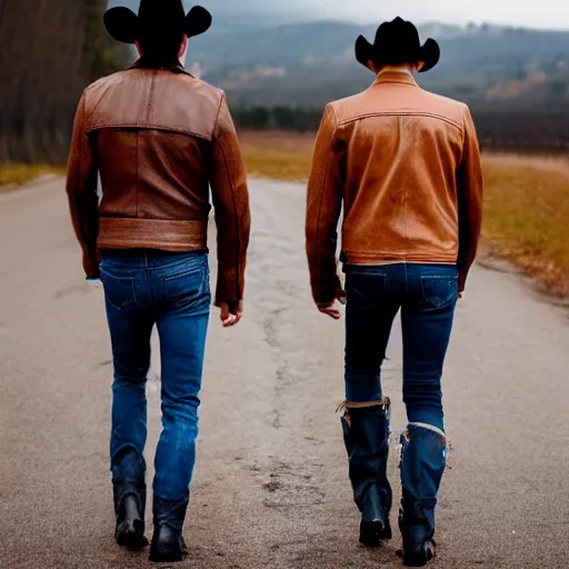 Prompt: Two men with brown leather jackets, blue jeans, and cowboy boots walking behind each other