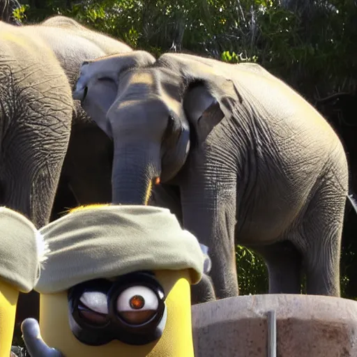 Image similar to minions swarm and consume an elephant at the san diego zoo, much to the horror of onlooking zookeepers