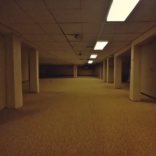 Image similar to flash low quality photograph of the backrooms, mustard - yellow old moldy moist carpet room, empty liminal space, very dark shadows, broken fluorescent lighting, horror movie scene, film grain