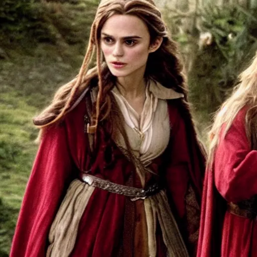 Image similar to Keira Knightley and Emma Watson as elves in lord of the Rings