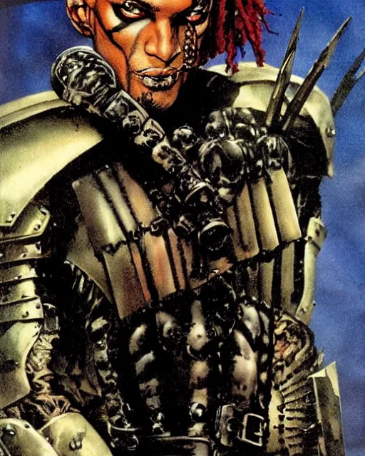 Image similar to portrait of a skinny punk goth tony todd wearing armor by simon bisley, john blance, frank frazetta, fantasy, thief warrior