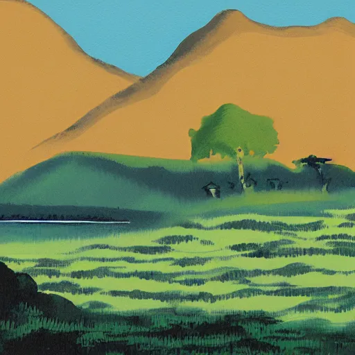Prompt: landscape by miyazaki, gouache brushmarks